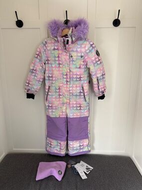 Ski Snow one piece deux par deux Girls Pastel Heart Snowsuit Purple Fur Hood